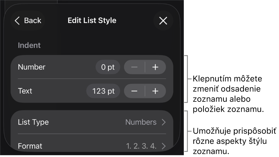 Menu Upraviť štýl zoznamu s ovládacími prvkami na úpravu typu a vzhľadu zoznamu.