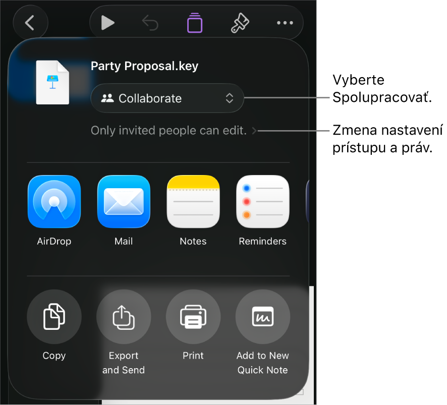 Menu Zdieľať s vybranou možnosťou Spolupracovať navrchu a pod ňou sa nachádzajú nastavenia prístupu a povolení.