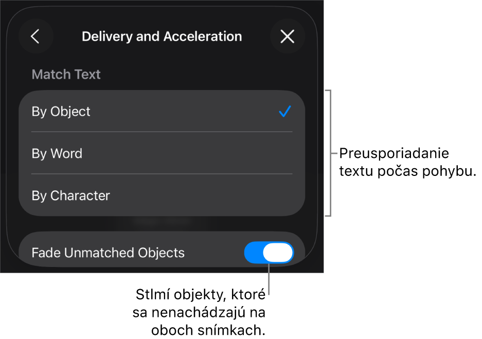 Možnosti doručenia a zrýchlenia pre Čarovný presun v paneli Zrýchlenie.