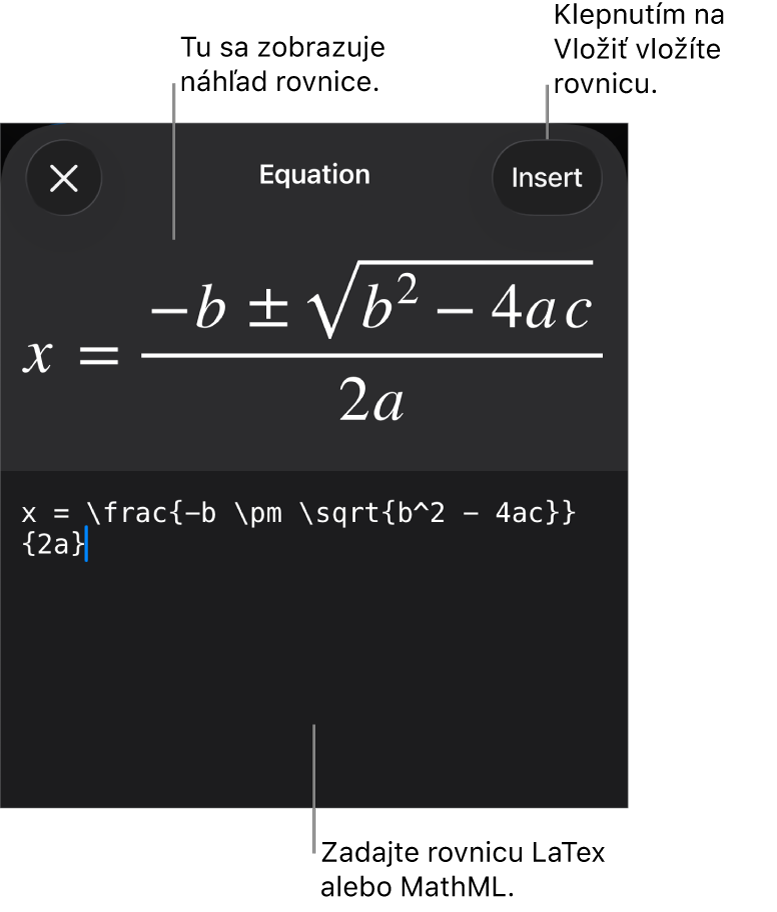 Dialógové okno Rovnica zobrazujúce rovnicu napísanú pomocou príkazov MathML, vyššie sa nachádza náhľad vzorca.