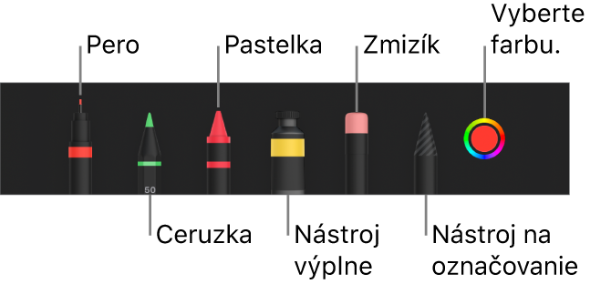 Panel s nástrojmi kreslenia s perom, ceruzkou, pastelkou, výplňou, zmizíkom, nástrojom výberu a vzorkovníkom farieb zobrazujúcim aktuálnu farbu.