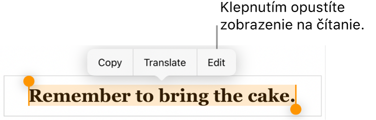 Je označená veta a nad ňou sa zobrazí kontextové menu s tlačidlami Kopírovať a Upraviť.