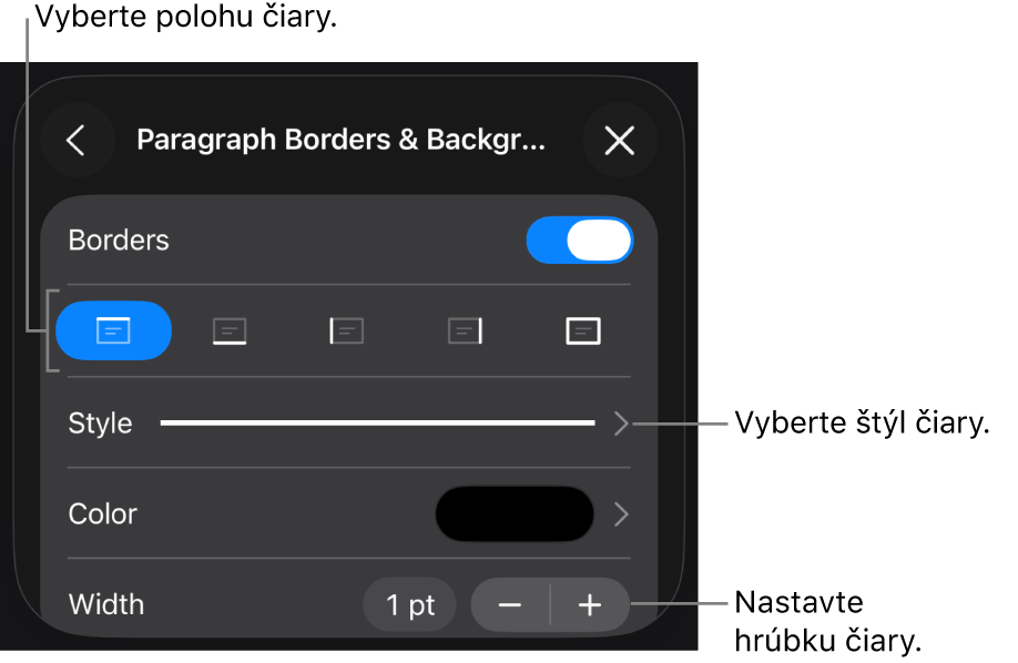 Ovládacie prvky na zmenu štýlu, hrúbky, polohy a farby čiary.