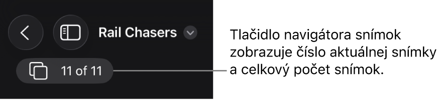 Tlačidlo navigátora snímok zobrazujúce aktuálne číslo snímky a celkový počet snímok v prezentácii.
