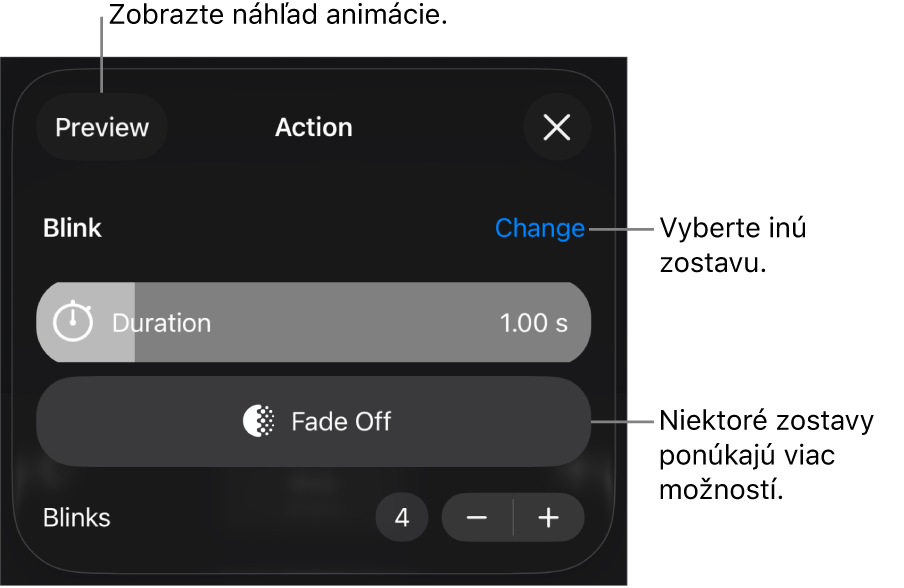 Možnosti zostavy zahŕňajú trvanie a časovanie začiatku. Ak chcete vybrať inú zostavu, klepnite na Zmeniť. Klepnutím na Náhľad zobrazíte náhľad zostavy.