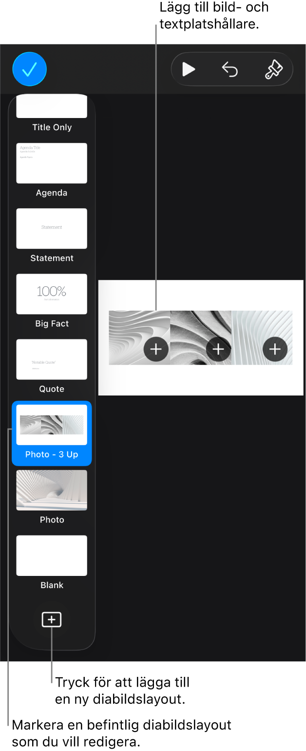 En diabildslayout som visar arbetsytan med knappen Lägg till diabildslayout längst ned i diabildsnavigatorn.