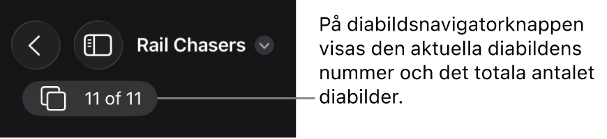 Knappen för diabildsnavigatorn visar det aktuella diabildsnumret och det totala antalet diabilder i presentationen.