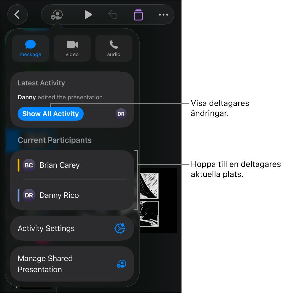 Samarbetsmenyn med aktuella deltagare listade.