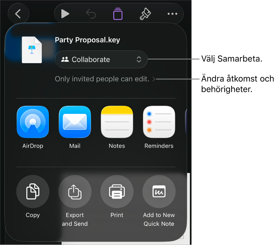 Delningsmenyn med Samarbeta markerat högst upp och tillgångs- och behörighetsinställningar under.