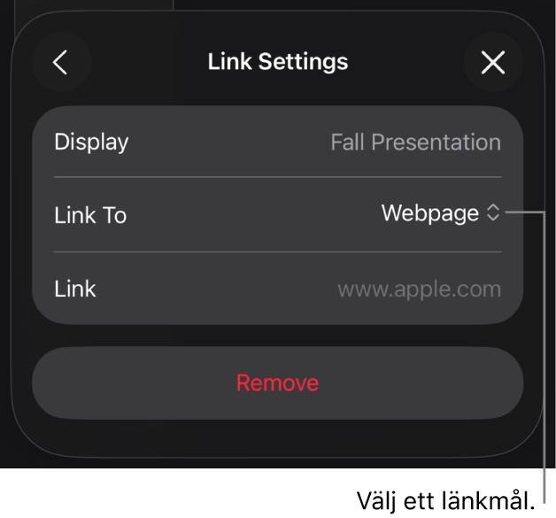 Reglage för länkinställningar med Webbsida markerat och knappen Ta bort längst ned.