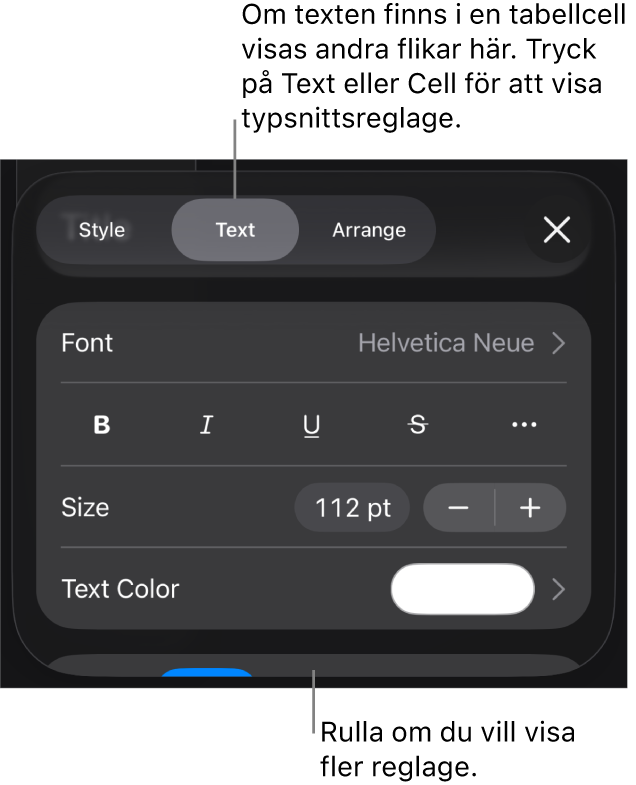 Textreglage i menyn Format för att ställa in stycke- och teckenstilar, typsnitt, storlek och färg.