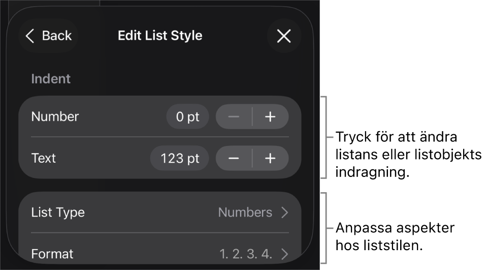 Menyn Redigera liststil med reglage för att redigera listans typ och utseende.
