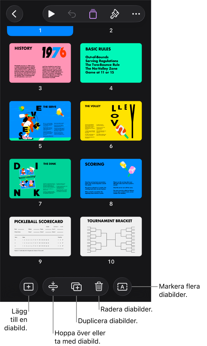 Ljusbordsvyn med knappar i nederkanten av skärmen för att lägga till, hoppa över, duplicera och radera diabilder samt för att markera flera diabilder.