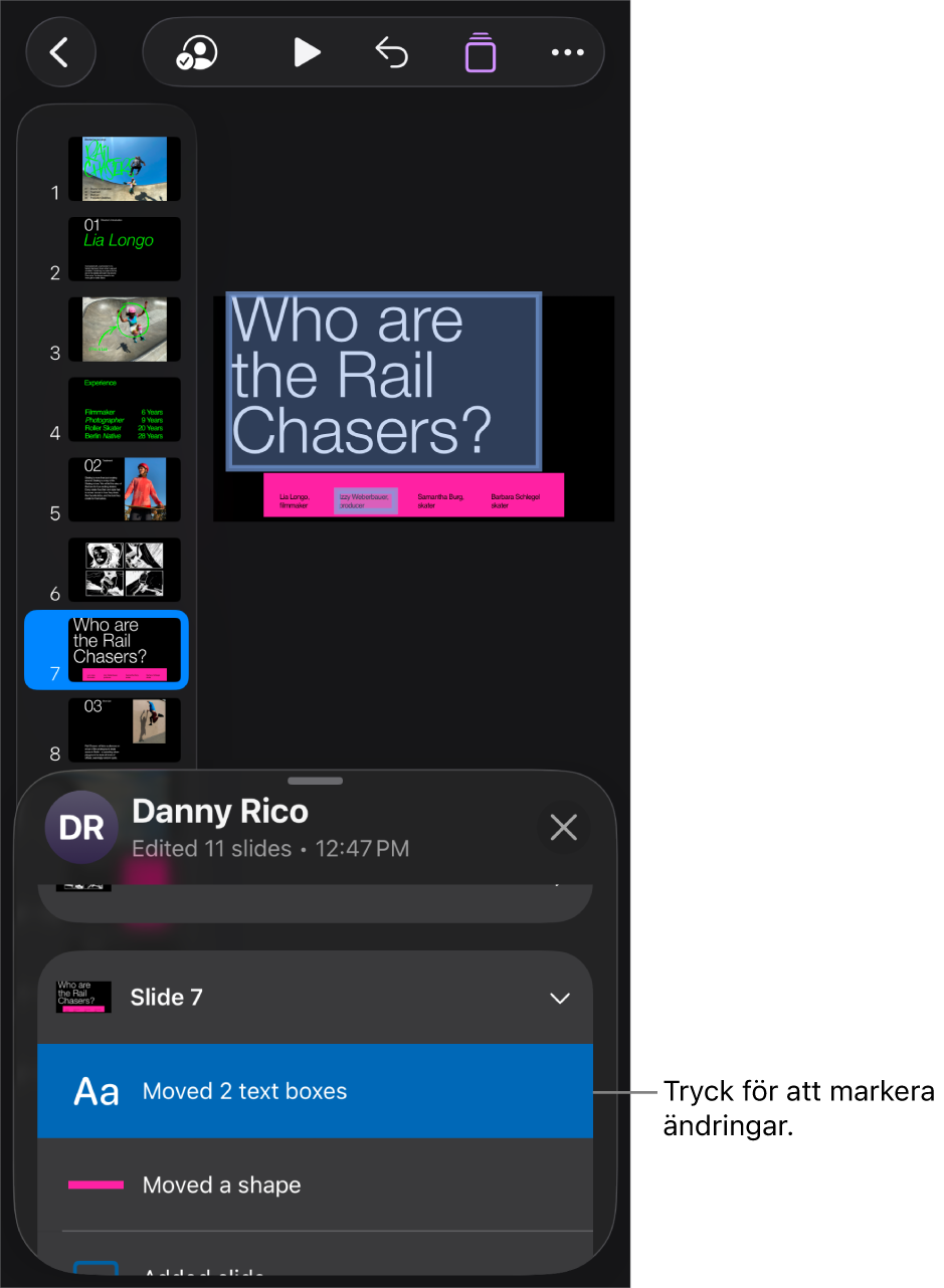 En samarbetspresentation med både samarbetsmenyn och aktivitetslistan öppna.