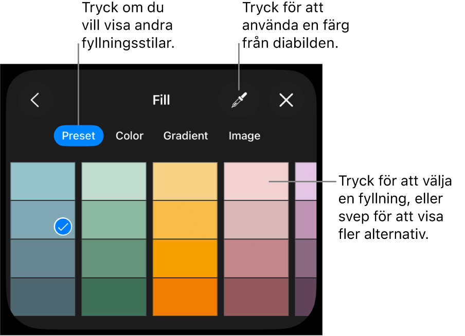 Fyllningsalternativ på fliken Stil.