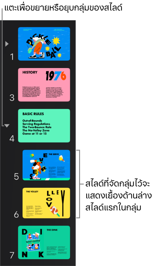 แถบนำทางสไลด์ที่แสดงสไลด์ที่เยื้อง