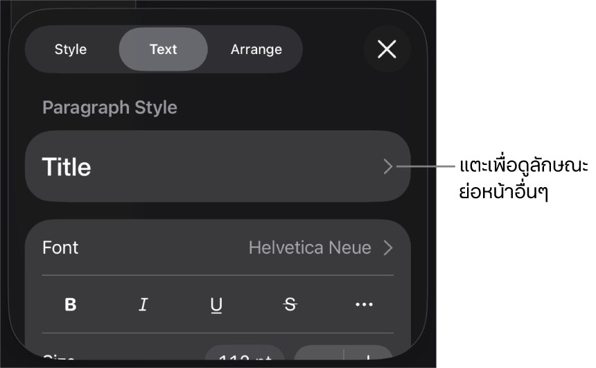 เมนูรูปแบบที่แสดงตัวควบคุมข้อความสำหรับการตั้งค่าลักษณะย่อหน้าและลักษณะอักขระ แบบอักษร ขนาด และสี