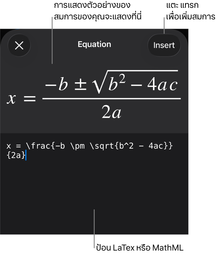 หน้าต่างโต้ตอบสมการ ที่แสดงสมการที่เขียนโดยใช้คำสั่ง MathML และการแสดงตัวอย่างของสูตรด้านบน