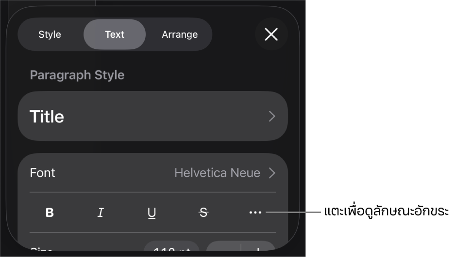 ตัวควบคุมรูปแบบที่มีลักษณะย่อหน้าด้านบนสุดและตัวควบคุมแบบอักษร ด้านล่างแบบอักษรคือปุ่มตัวหนา ปุ่มตัวเอียง ปุ่มขีดเส้นใต้ ปุ่มขีดทับ และปุ่มตัวเลือกข้อความเพิ่มเติม