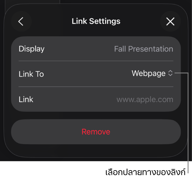 ตัวควบคุมการตั้งค่าลิงก์ที่มีหน้าเว็บถูกเลือกอยู่ และปุ่มเอาออกที่ด้านล่างสุด