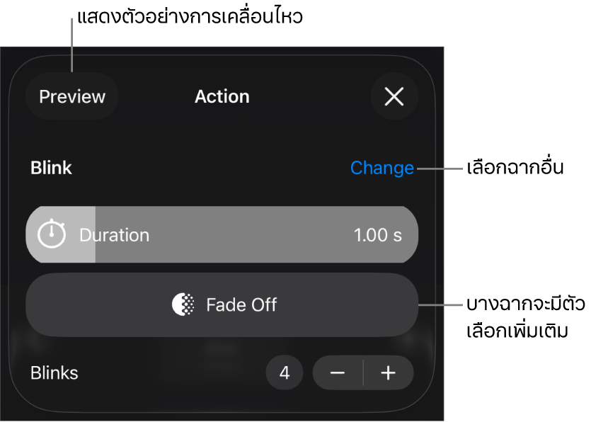 ตัวเลือกฉากรวมถึงระยะเวลาและกำหนดเวลาเริ่มต้น แตะ เปลี่ยน เพื่อเลือกฉากอื่น หรือแตะ แสดงตัวอย่าง เพื่อแสดงตัวอย่างฉาก