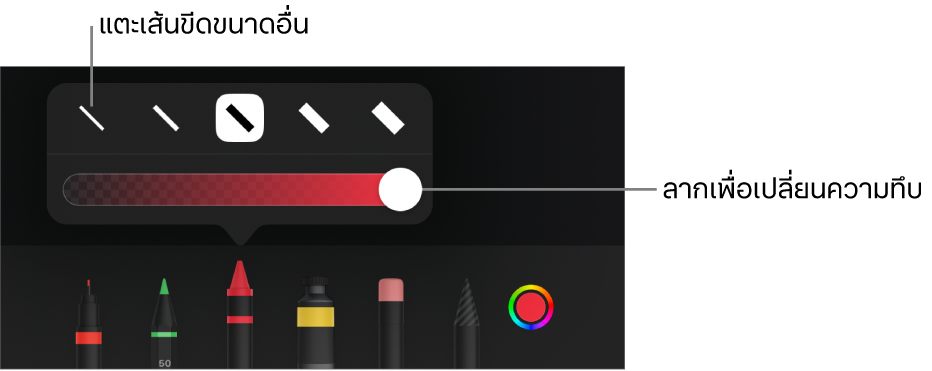 ตัวควบคุมสำหรับเลือกขนาดเส้นขีดและแถบเลื่อนสำหรับปรับความทึบ