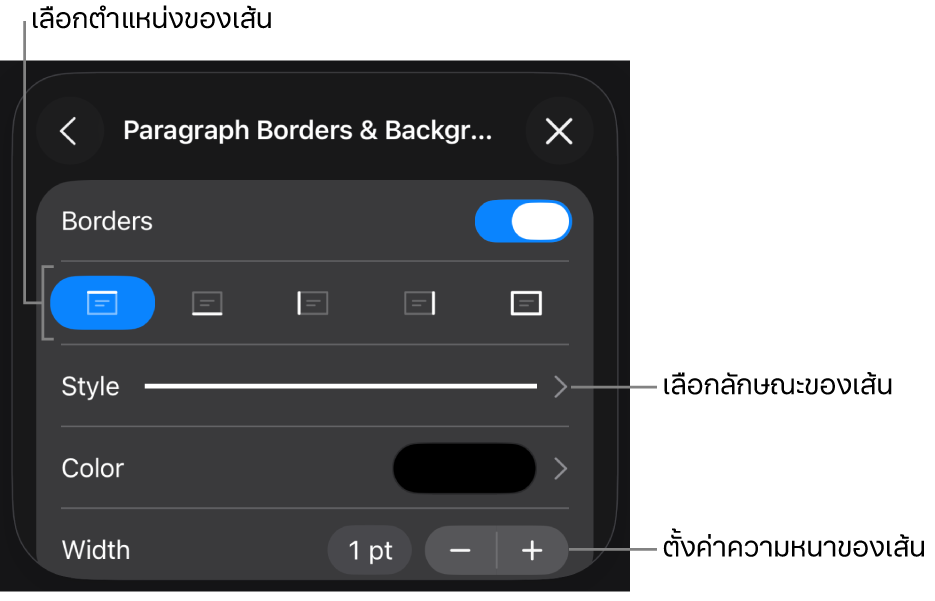 ตัวควบคุมสำหรับเปลี่ยนลักษณะเส้น ความหนา ตำแหน่ง และสี