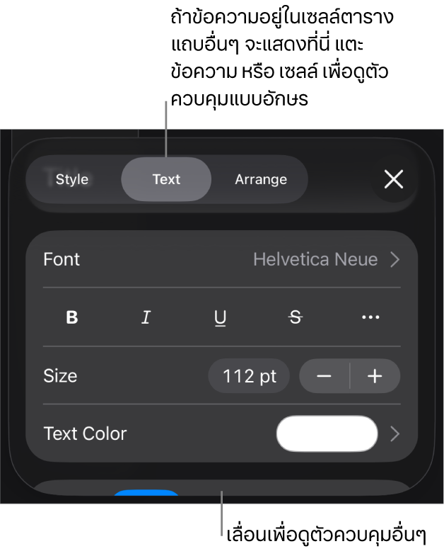 ตัวควบคุมข้อความในเมนูรูปแบบสำหรับตั้งค่าลักษณะ แบบอักษร ขนาด และสีของย่อหน้าและอักขระ