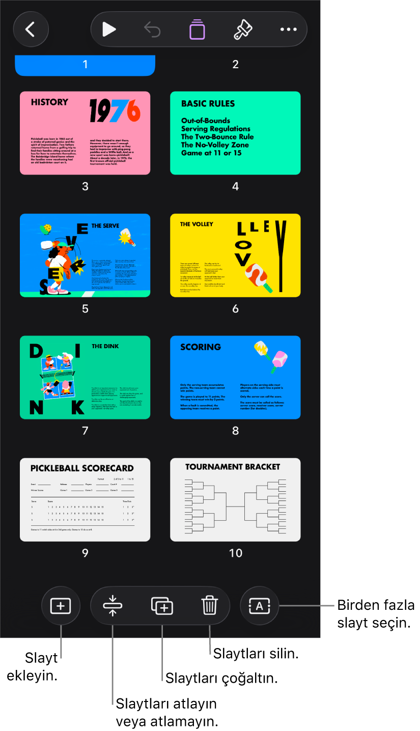 Ekranın en altında slayt ekleme, atlama, çoğaltma, silme ve birden fazla slayt seçme düğmeleri ile ışıklı masa görüntüsü.