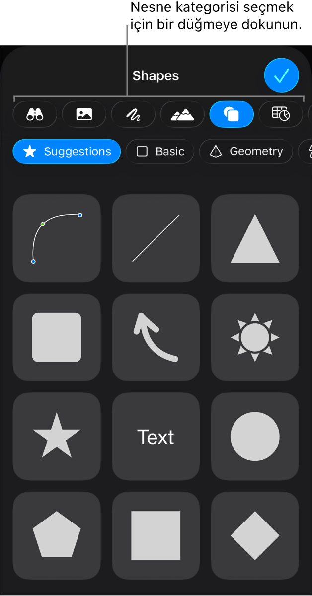 En üstte tablo, grafik, şekil (çizgiler ve metin kutuları da dahil olmak üzere) ve ortam seçme düğmelerini gösteren nesne ekleme denetimleri.