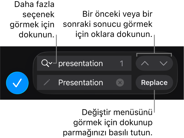 Değiştir, Yukarı Git ve Aşağı Git düğmeleri ve Arama Seçenekleri’ne dokunmaya yönelik bir okla klavyenin üst tarafındaki Bul ve Değiştir denetimleri.