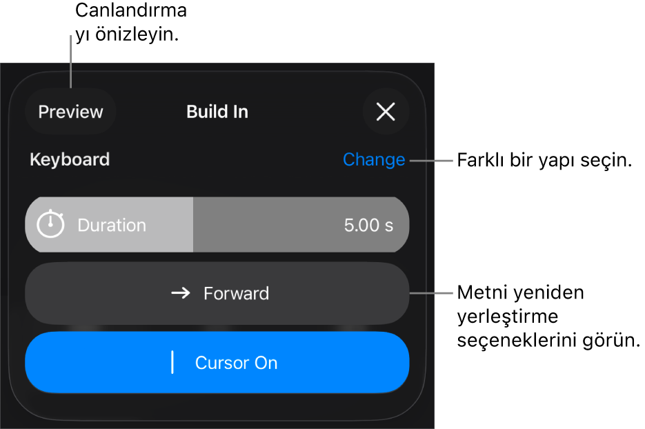 Giriş seçenekleri Süre’yi, Metin Canlandırma’yı ve Gönder’i içeriyor. Farklı bir yapı seçmek için Değiştir’e, yapıyı önizleme için Önizleme’ye dokunun.