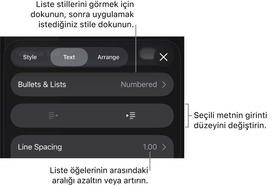 Madde İşaretleri ve Listeler, çıkıntı ve girinti düğmeleri ve de satır aralığı denetimlerini gösteren belirtme çizgileri ile Biçim denetimlerinin Madde İşaretleri ve Listeler bölümü.