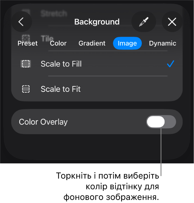 Елементи керування тлом: тлом слайда вибрано зображення, а внизу показано елемент «Перекриття кольором».