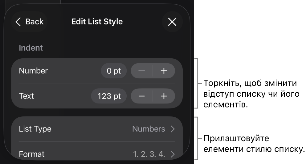 Меню «Редагувати стиль списку» з елементами керування для змінення типу та вигляду списку.