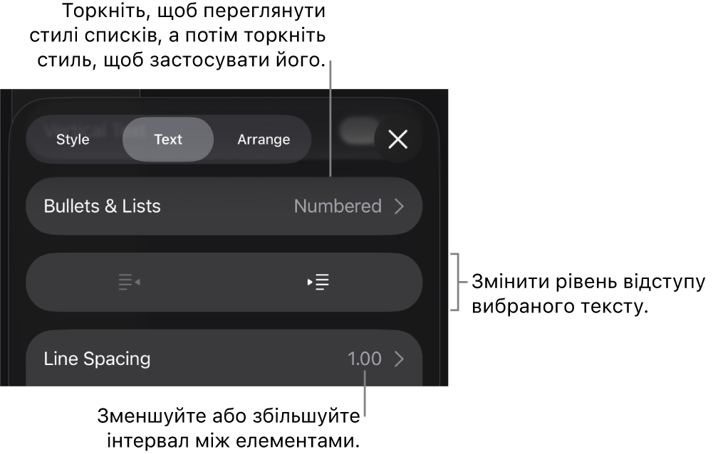 Розділ «Маркери і списки» елементів керування «Формат» з виносками на «Маркери і списки», кнопки виступів і відступів та елементи керування інтервалами.