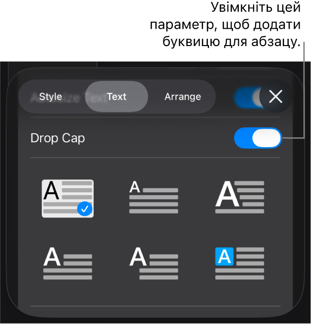 Елементи керування буквицями в меню «Текст».