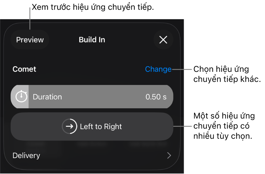 Các điều khiển trong khung Tùy chọn để sửa đổi hiệu ứng chuyển tiếp.
