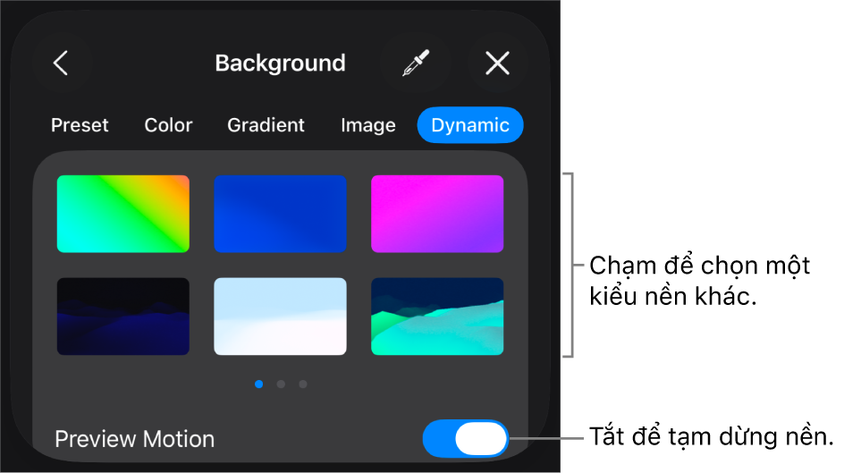 Các điều khiển nền động với các hình thu nhỏ kiểu nền và nút Xem trước chuyển động được hiển thị.
