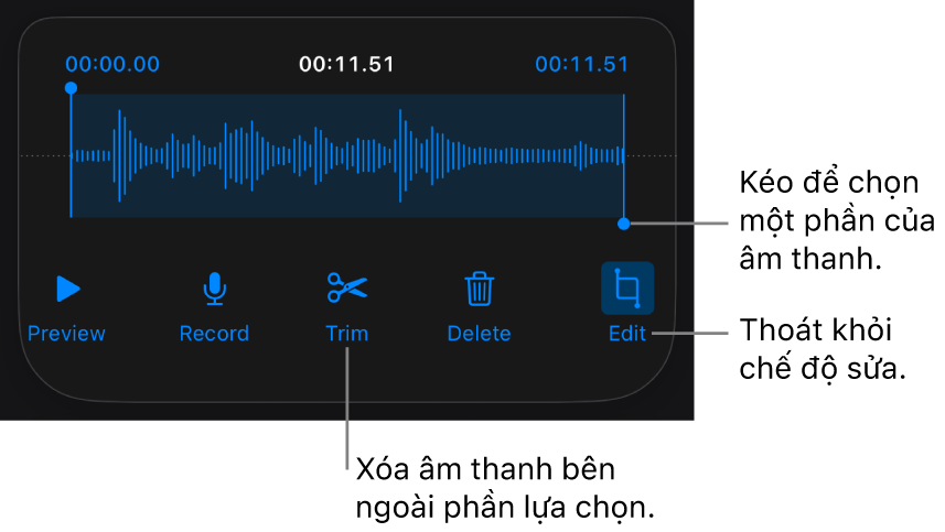 Các điều khiển để sửa âm thanh đã ghi. Các bộ điều khiển cho biết phần được chọn của bản ghi âm và các nút để Xem trước, Ghi, Cắt ngắn, Xóa và Chế độ sửa ở bên dưới.