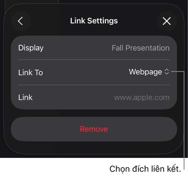 Các điều khiển Cài đặt Liên kết với Trang web được chọn và nút Xóa nằm ở cuối.