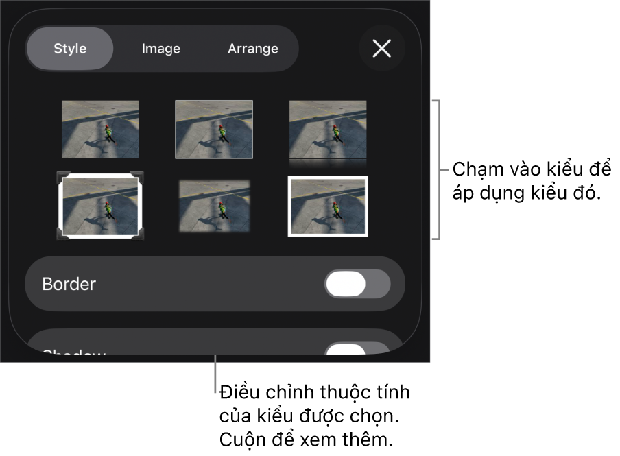 Tab Kiểu của menu Định dạng với các kiểu đối tượng ở đầu và một điều khiển ở bên dưới để thay đổi đường viền.
