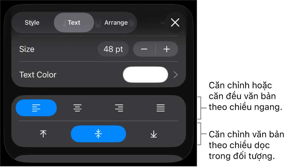 Phần Căn chỉnh của nút Định dạng với các lời nhắc đến các nút căn chỉnh văn bản.