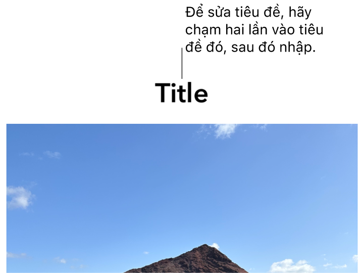 Chú thích giữ chỗ, “Tiêu đề”, xuất hiện bên dưới ảnh; đường viền màu lam xuất hiện xung quanh trường tiêu đề để cho biết tiêu đề đó đã được chọn.