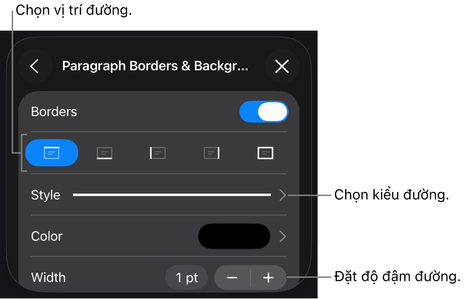 Các điều khiển để thay đổi kiểu đường, độ đậm, vị trí và màu.