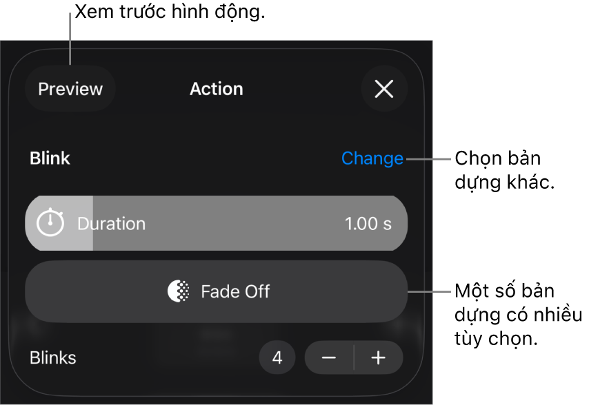 Các tùy chọn bản dựng bao gồm Thời lượng và Định thời gian bắt đầu. Chạm vào Thay đổi để chọn bản dựng khác hoặc chạm vào Xem trước để xem trước bản dựng.