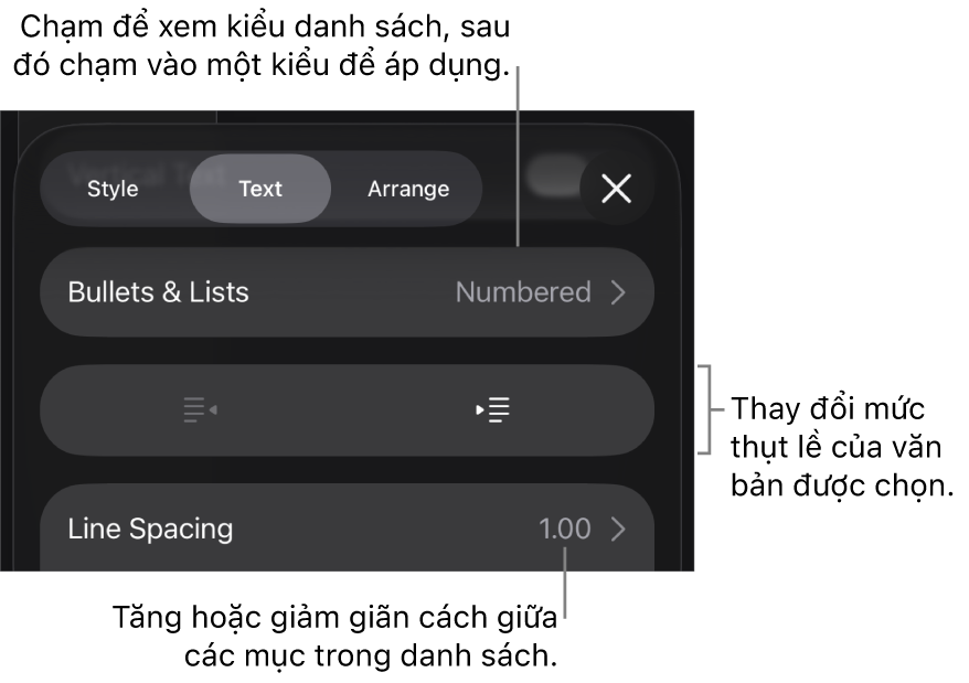 Phần Dấu đầu dòng & Danh sách của điều khiển Định dạng với các chú thích đến Dấu đầu dòng & Danh sách, các nút thụt lề và nhô lề và các điều khiển giãn cách dòng.