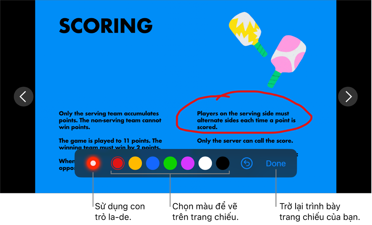 Chế độ minh họa trang chiếu đang hiển thị con trỏ la-de và các điều khiển chọn màu.