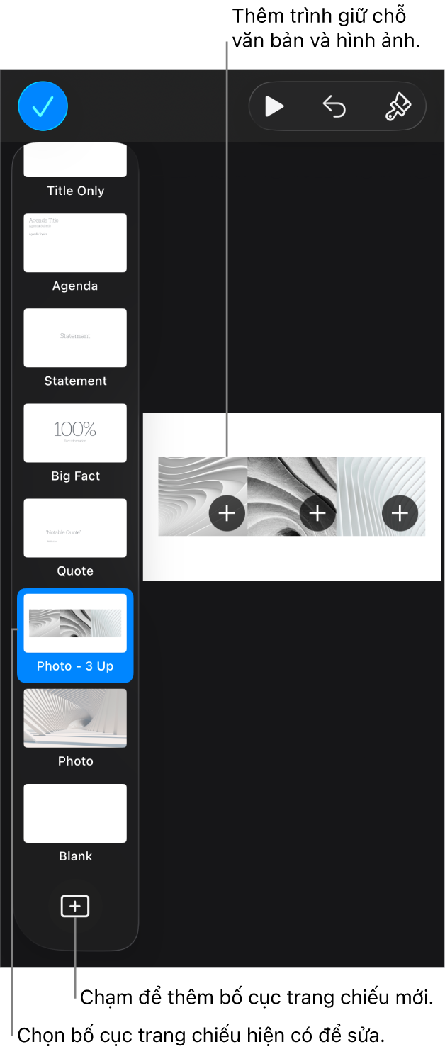 Một bố cục trang chiếu đang hiển thị trên khung trang chiếu, với nút Thêm bố cục trang chiếu ở cuối trình điều hướng trang chiếu.