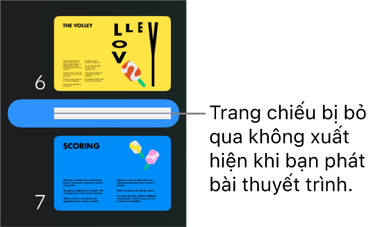 Trình điều hướng trang chiếu với trang chiếu bị bỏ qua đang hiển thị dưới dạng một đường ngang.